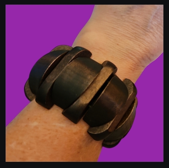 Wide Chunky Dark Wood Art Deco Stretch Bracelet - Picture 1 of 3